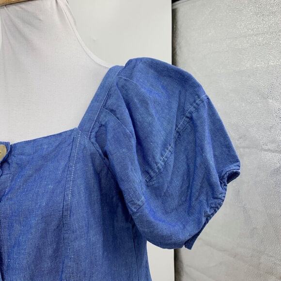 Ann Taylor Top Womens XS Chambray Linen Blend Puff Sleeve Button Front Cropped - Picture 5 of 12